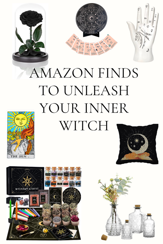 Preview of witchy Amazon products including; a black rose in a cloche, a wheel of the year, a palmistry ring holder, tarot sticker, witchy starter kit, moon pillow and glass bottles.