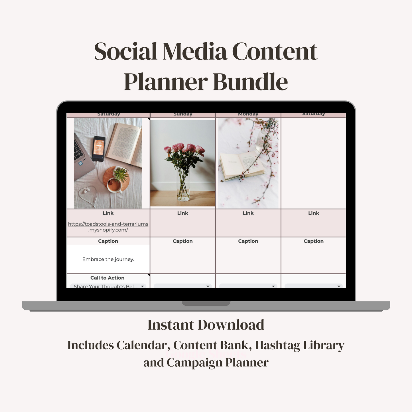 Promotional image featuring an open laptop displaying a social media content planner bundle, with the text 'Social Media Content Planner Bundle' and 'Instant Download - Calendar, Content Bank, Hashtag Library, Campaign Planner'.