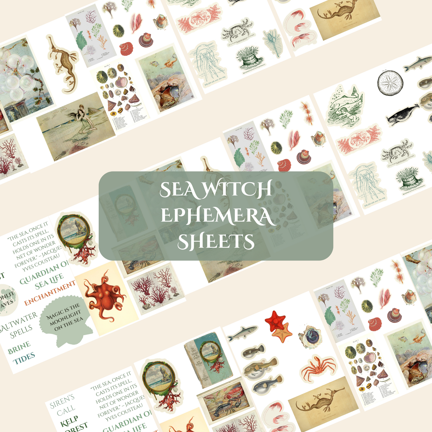 Ocean themed ephemera sheet featuring curated vintage sea witch and mermaid still illustrations.