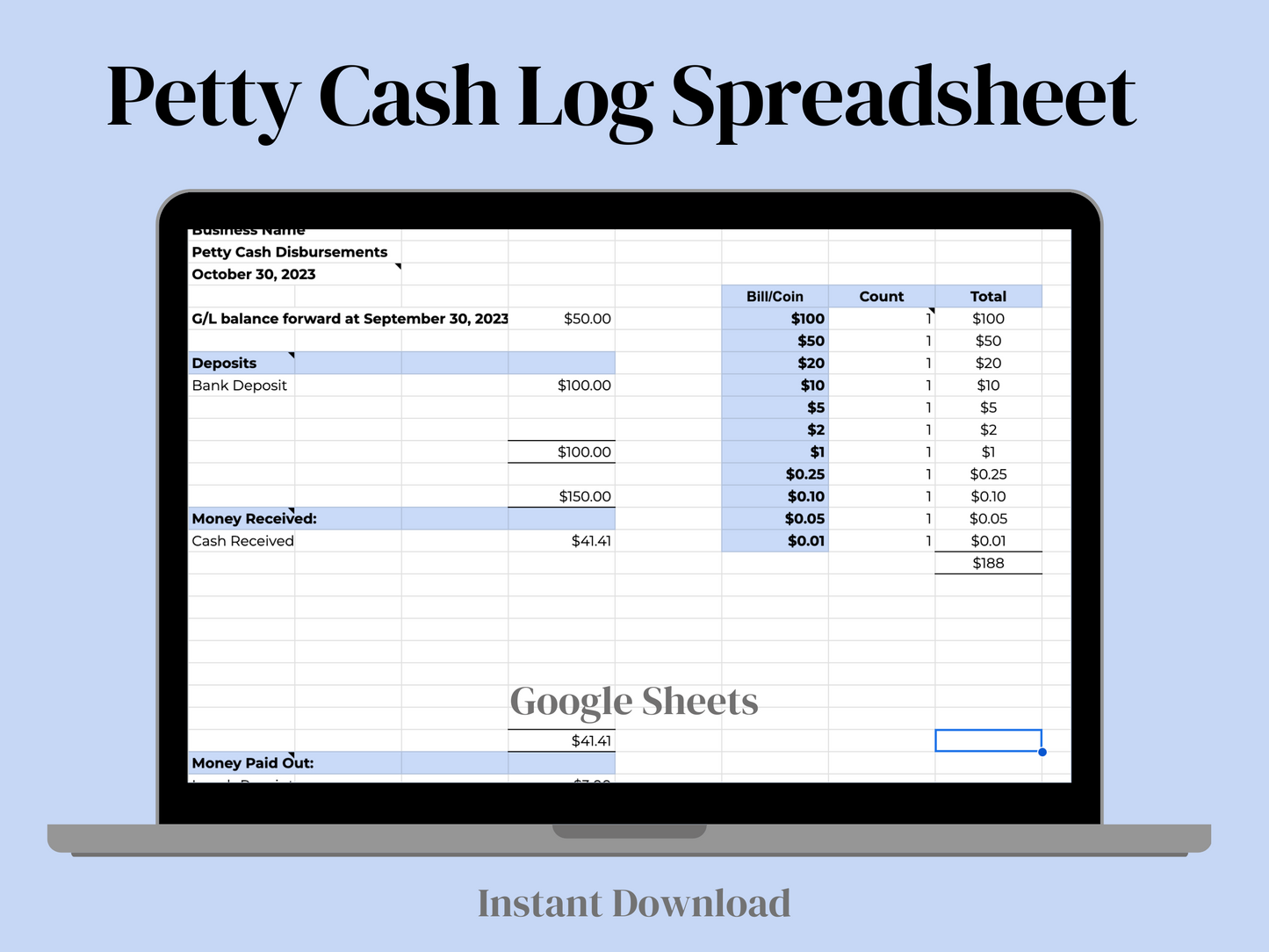 Petty Cash Spreadsheet for Small Business | Easy Expense Tracking | Google Sheets Budget Template