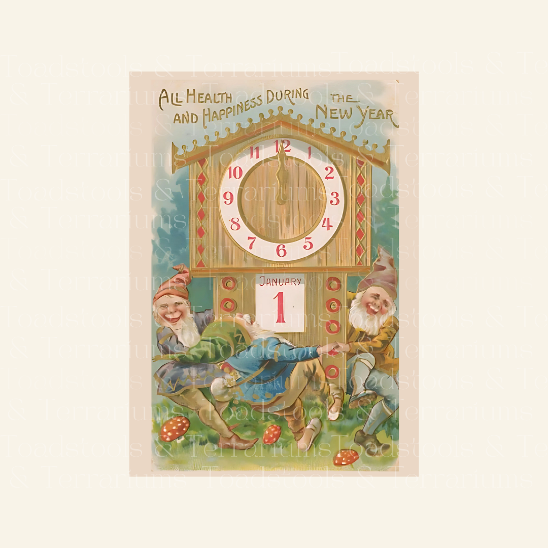 Viktorianische Neujahrspostkarte – Gnome und Uhr | Digitaler Download