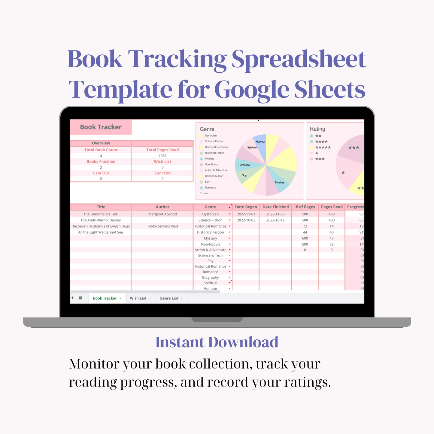 Pastel book tracking spreadsheet for keeping track of your library, reading progress, ratings and genres. Google sheets template.