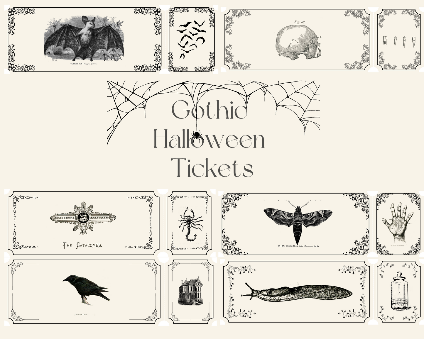 Halloween Party Tickets, Spooky Dark Academia Junk Journal Gothic Ephemera - Set 0f 6 Png