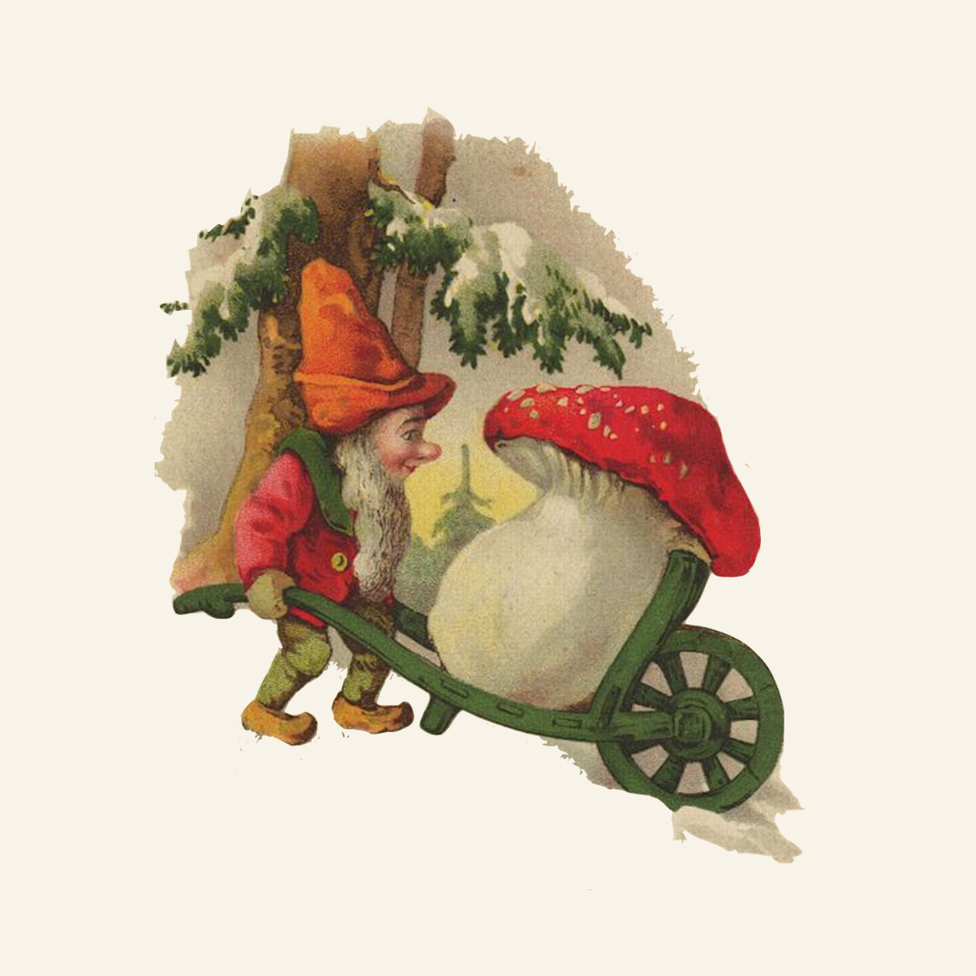 Vintage Gnome with Wheelbarrow & Mushroom | Antique Postcard Illustration | Digital Download PNG & JPG