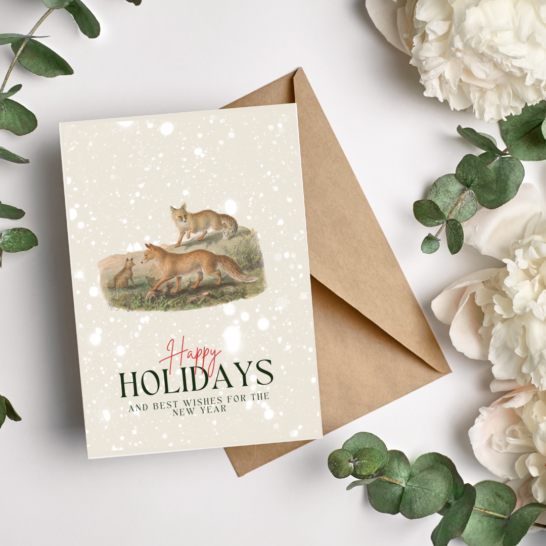Vintage Holiday Greeting Cards - Antique Animal Illustrations | Hare, Deer, Owl, & Fox | Digital Download | 5x7 Blank Cards
