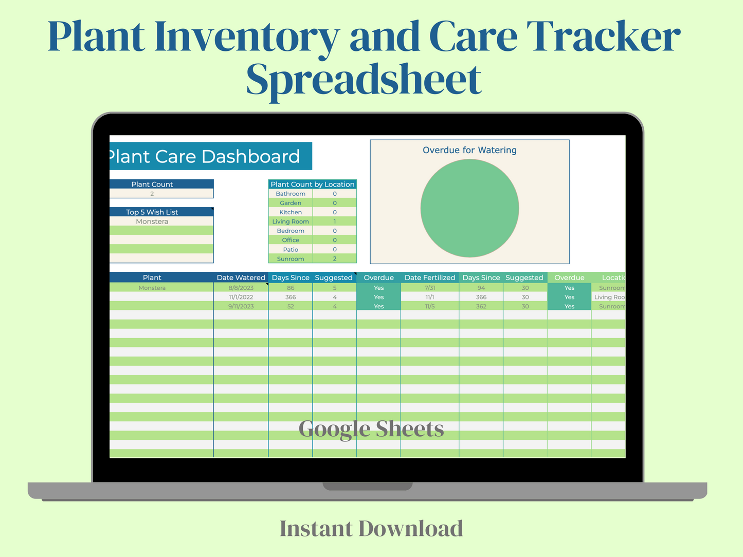 Plant Care Tracker Houseplant Watering Spreadsheet Digital Plant Care Schedule for Google Sheets