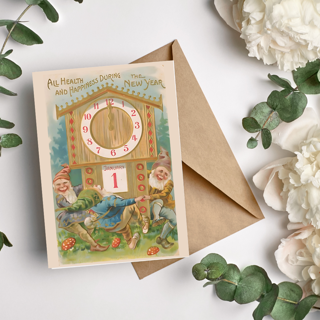 Digital new years greeting card with cute gnomes and a clock showing January first. Includes the message "All Health and Happiness During the New Year"
