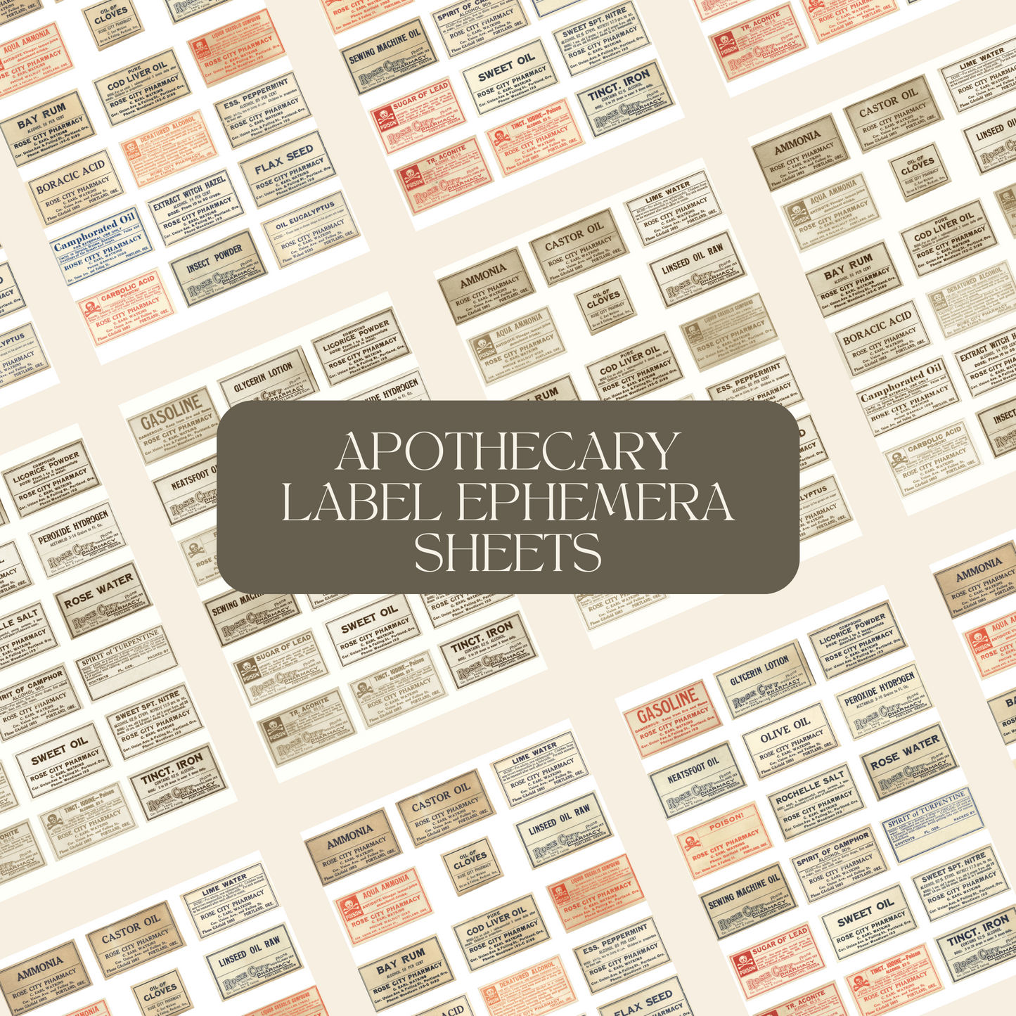 Antique digitally restored authentic apothecary labels both in colour and sepia tones.