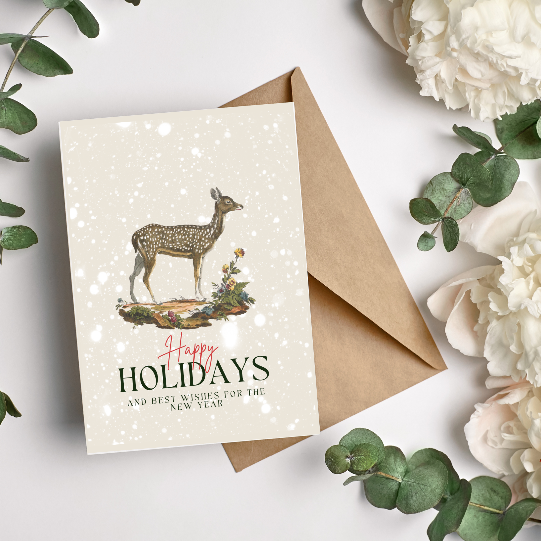 Vintage Holiday Greeting Cards - Antique Animal Illustrations | Hare, Deer, Owl, & Fox | Digital Download | 5x7 Blank Cards