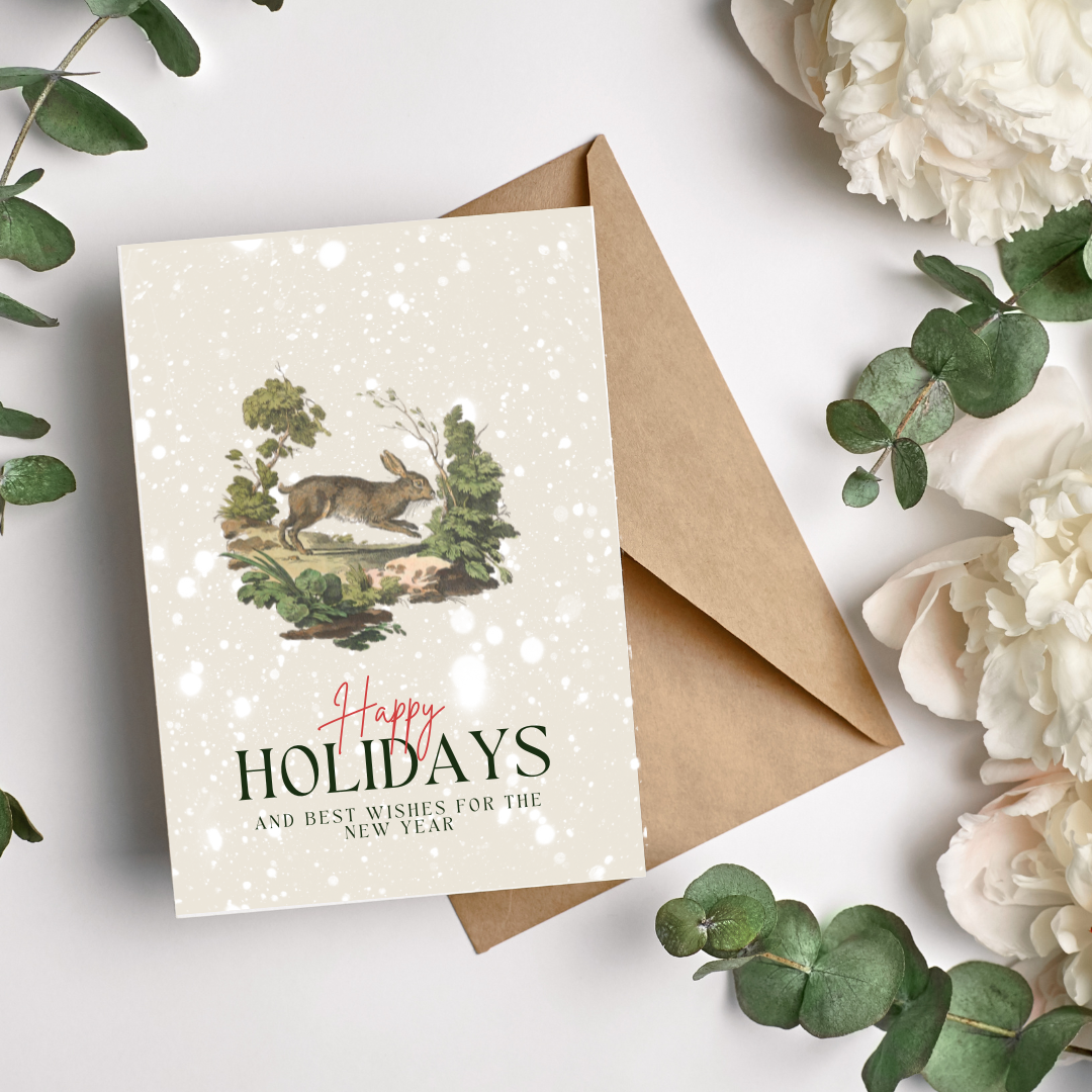 Vintage Holiday Greeting Cards - Antique Animal Illustrations | Hare, Deer, Owl, & Fox | Digital Download | 5x7 Blank Cards