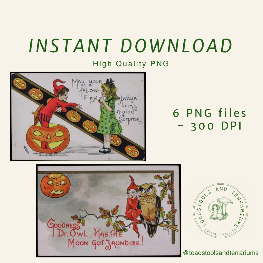 Halloween Postcard Bundle – Set of 6 Antique Illustrations | Digital Download in PNG (300 DPI