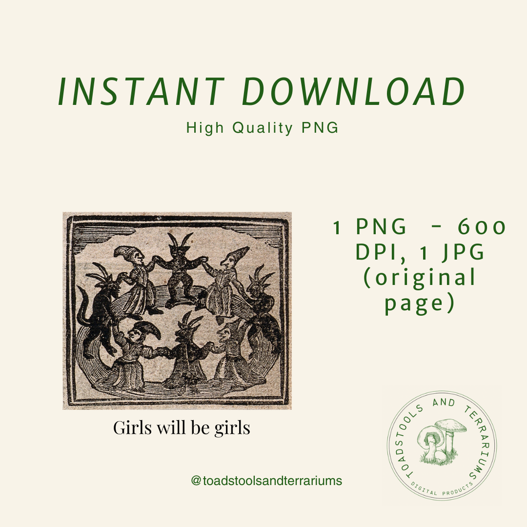 Girls Will Be Girls – Antique Witch Illustration | 1720 Woodcut Digital Download in JPG & PNG (300 DPI)