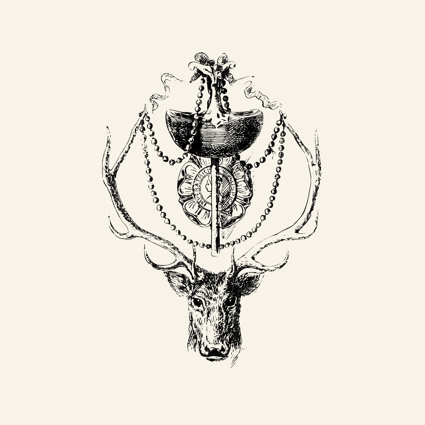 Ornate deers head black line drawing. Gothic design element for crafting and digital design.