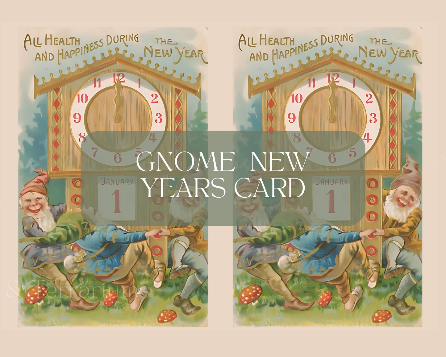 Viktorianische Neujahrspostkarte – Gnome und Uhr | Digitaler Download