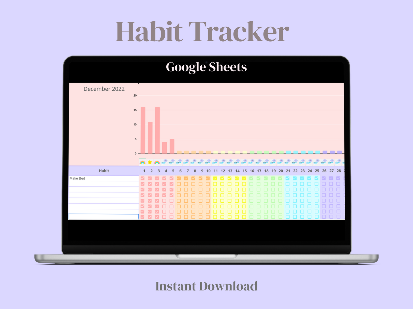 Pastel habit tracker spreadsheet for reinforcing healthy habits and behaviours.