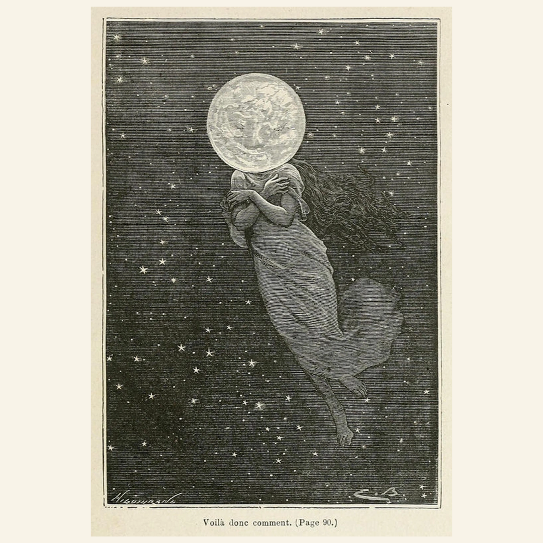 Black and white illustration of a celestial woman with a moon for a head against a starry sky.