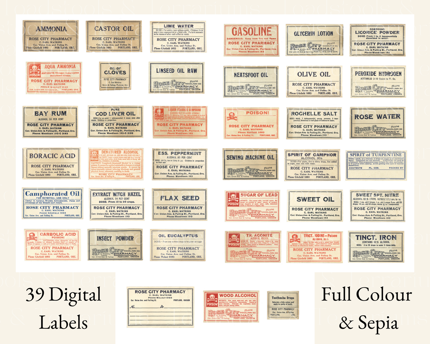 Medical, pharmacy, apothecary label set from real antique apothecary label set. Digitally restored.