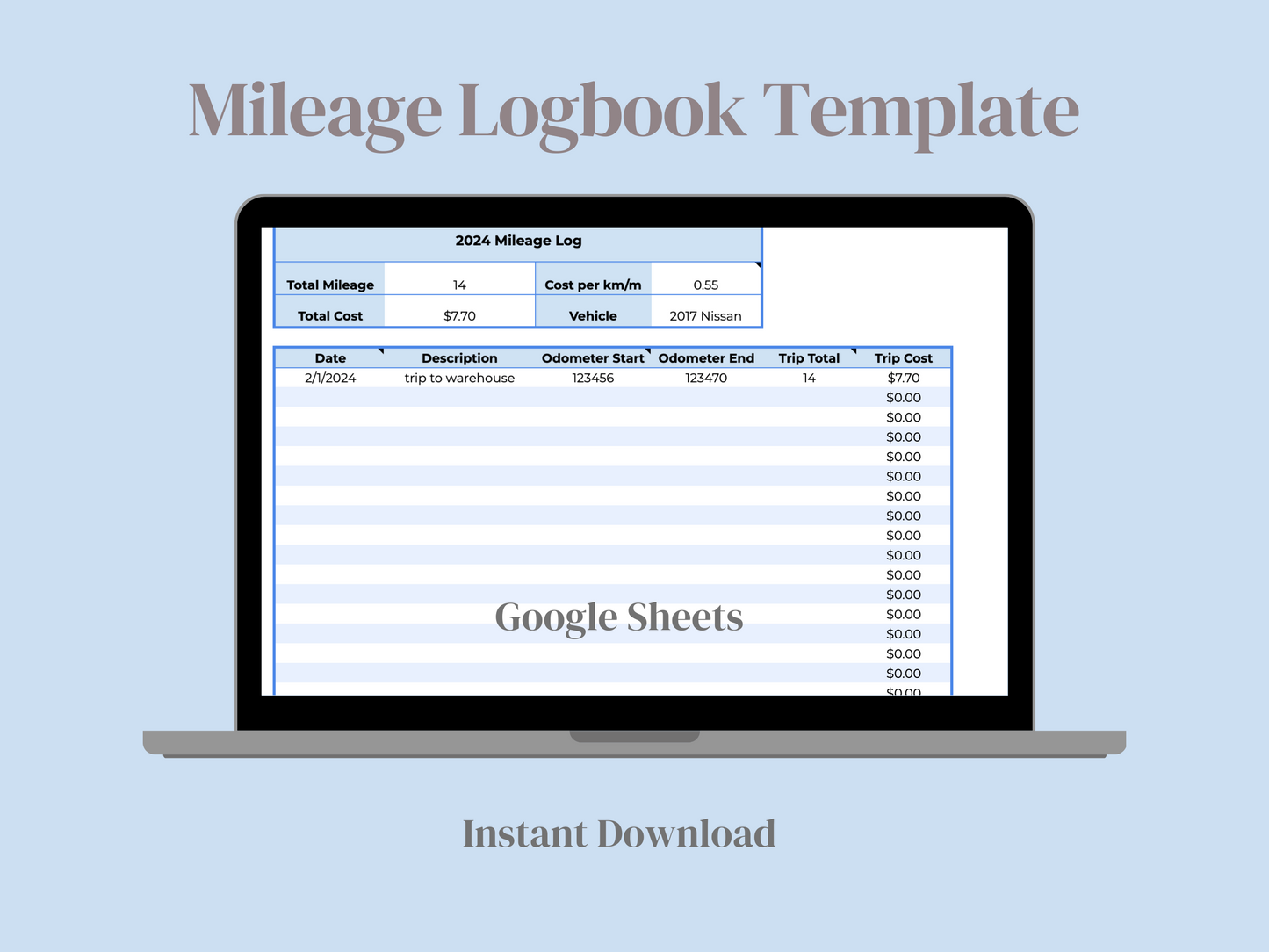 Mileage logbook template for Google sheets. Simple and automated with a clean blue and white colour scheme. This will add functionality and efficiency to your business.