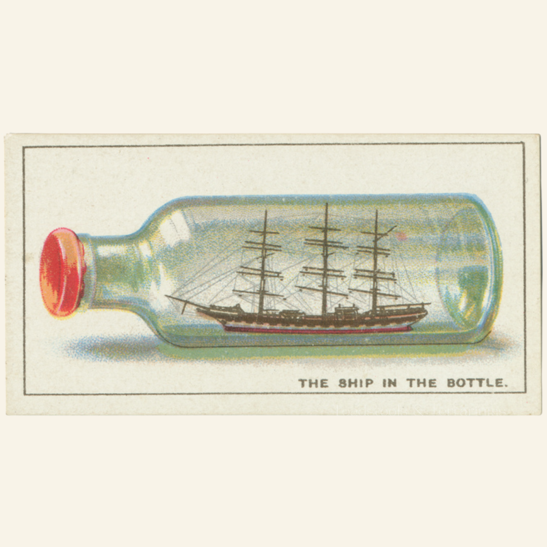 Illustration of a ship inside a bottle with a decorative border and text.