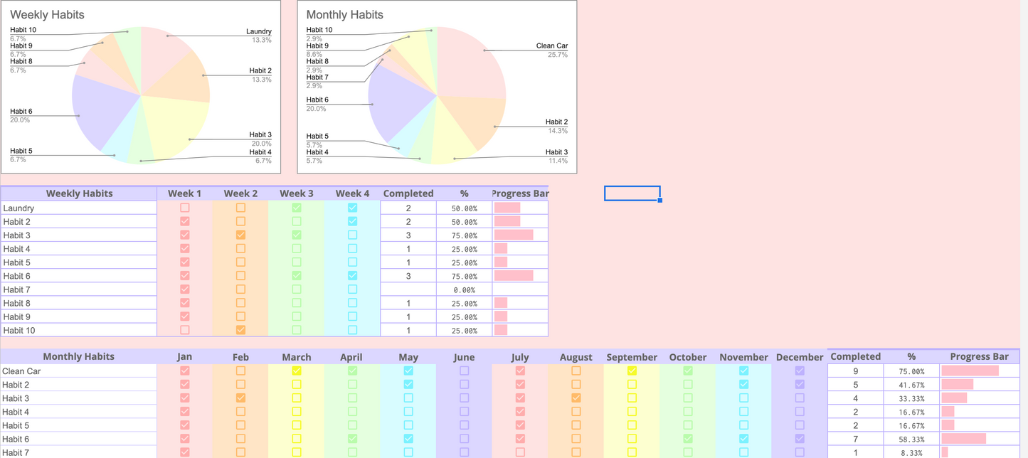 Weekly and monthly habit trackers with checkboxes and progress bars for visual motivation.