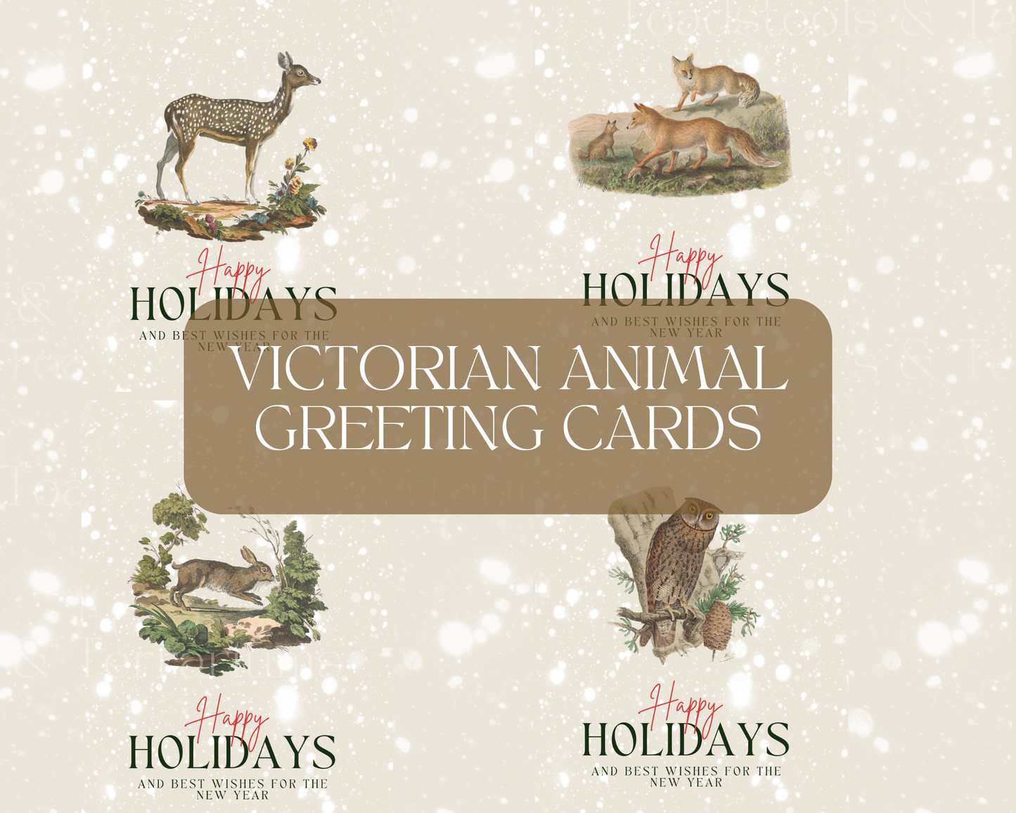 Vintage Holiday Greeting Cards - Antique Animal Illustrations | Hare, Deer, Owl, & Fox | Digital Download | 5x7 Blank Cards