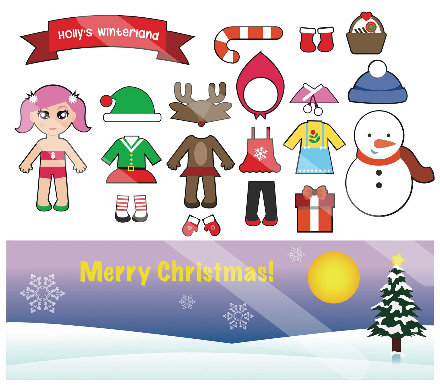 Cute kawaii style Christmas paper doll pdf set. Comes with elf, reindeer, snowman and two more festive outfits. A simple affordable holiday craft for your little ones.