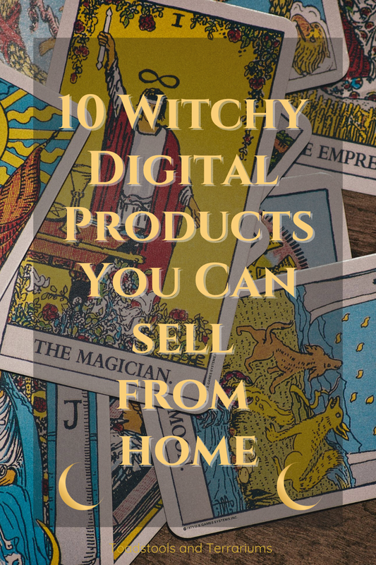 Witchy digital products you can sell from home with tarot card background