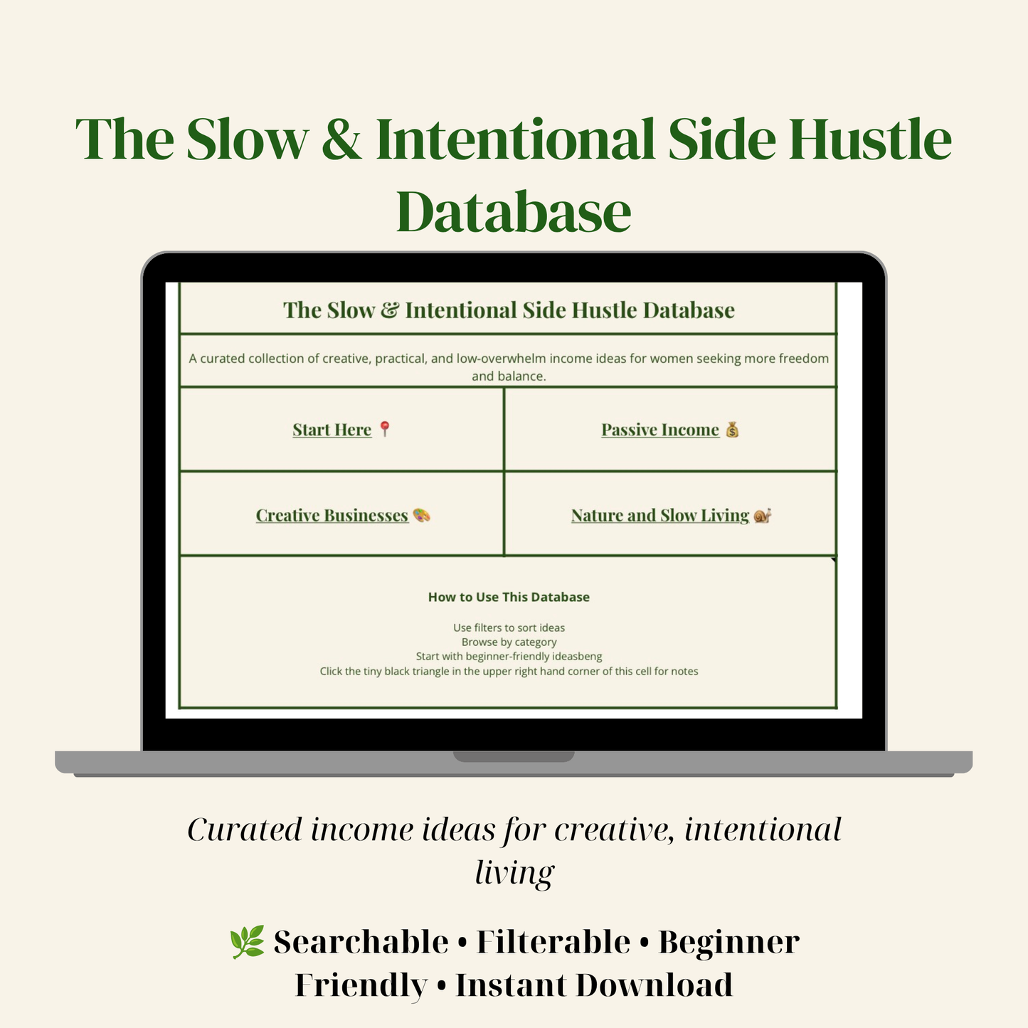 Laptop displaying 'The Slow & Intentional Side Hustle Database' with a white background