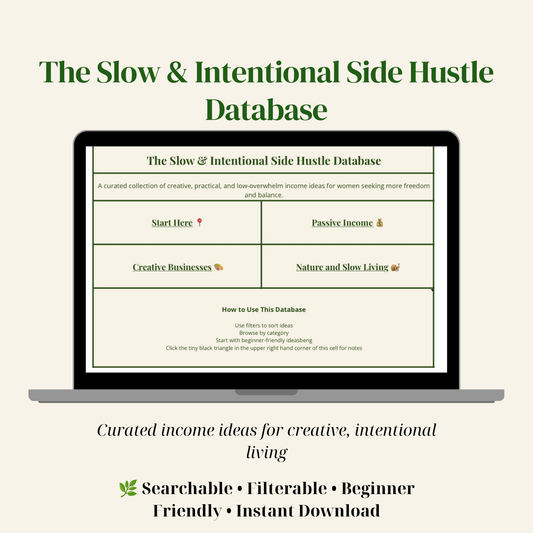 Laptop displaying 'The Slow & Intentional Side Hustle Database' with a white background
