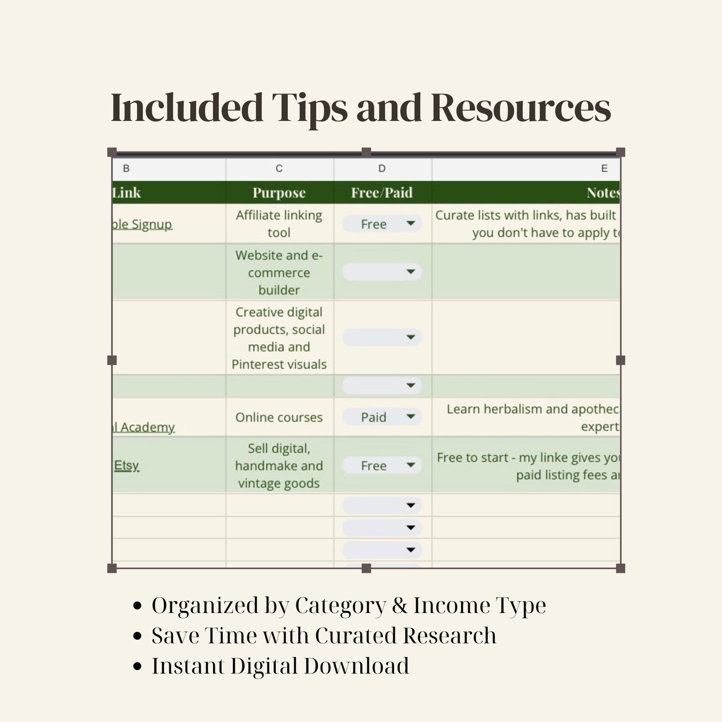 Spreadsheet titled 'Included Tips and Resources' with categories and income types.