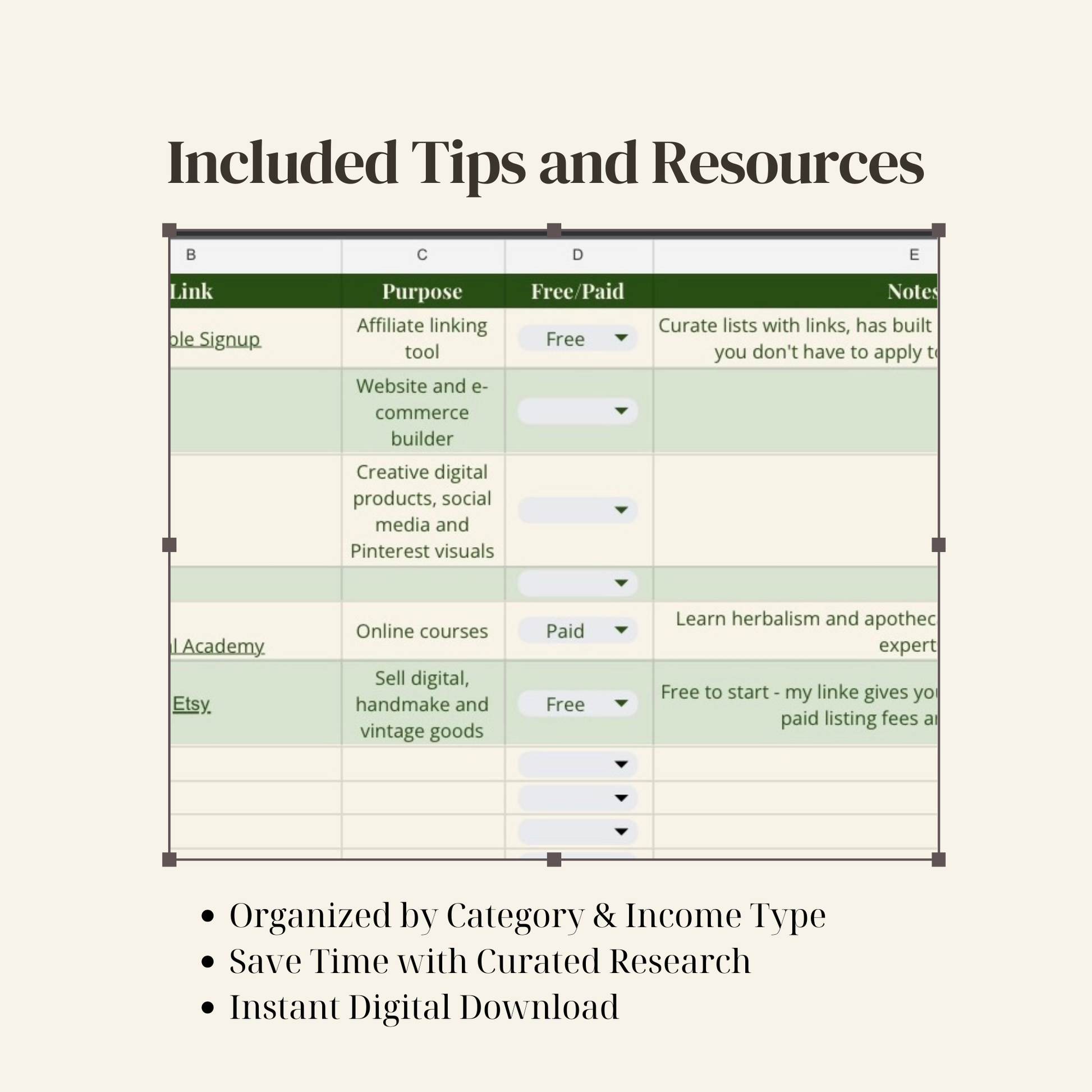 Spreadsheet titled 'Included Tips and Resources' with categories and income types.