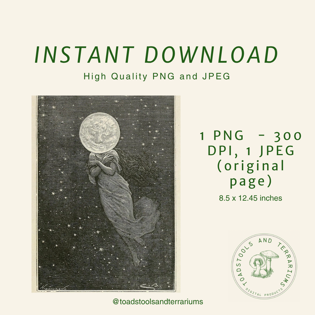 Woman holding the moon with text about instant download options on a white background