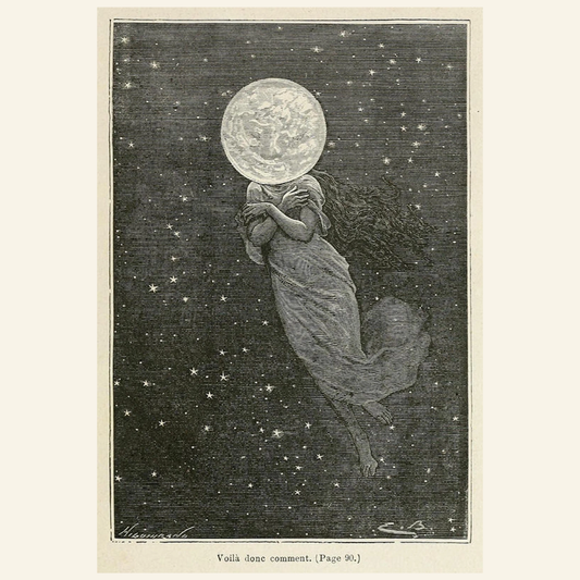 Black and white illustration of a celestial woman with a moon for a head against a starry sky.